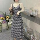 Spaghetti Strap Plaid Midi A-line Dress / Long-sleeve Turtleneck T-shirt