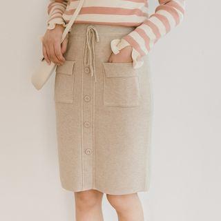 Drawstring Buttoned Knit Skirt