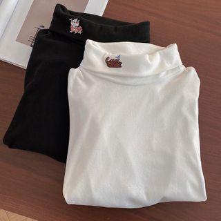 Long-sleeve Cartoon Embroidered Mock-neck Top
