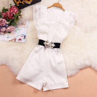 Set: Sleeveless Lace Panel Romper + Belt