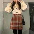 Lace Button-up Blouse / Plaid Mini Skirt