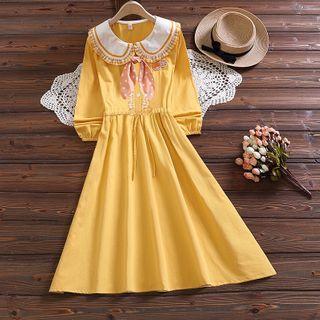 Long-sleeve Frill Trim Embroidered Midi A-line Dress