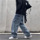 High-waist Pocket Denim Wide-leg Pants