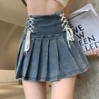 Lace-up Pleated Denim Skirt