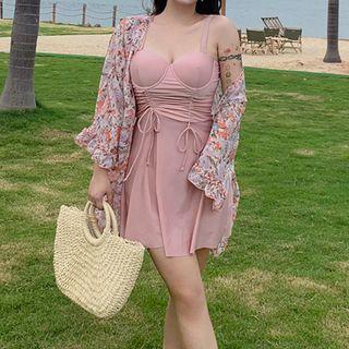Set: Drawstring Swimdress + Floral Coverup Jacket