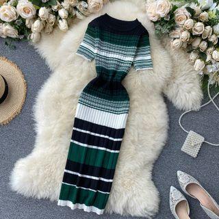 Short-sleeve Striped Slim-fit Knit Dress