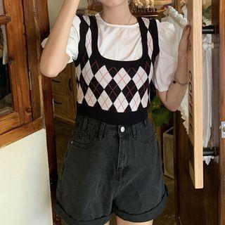 Argyle Knit Camisole Top / Puff-sleeve Top