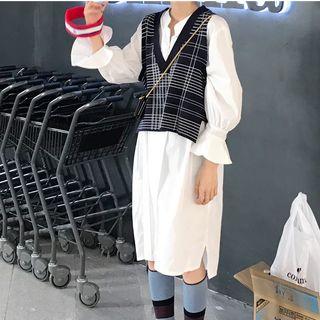 Long Sleeve Midi Shirt Dress / Plaid Knit Vest