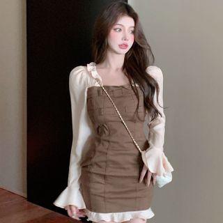 Long-sleeve Two-tone Frill Trim Mini Sheath Dress