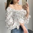 Long-sleeve Floral Print Frill Trim Crop Top White - One Size