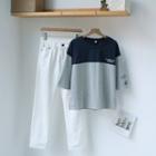 Elbow-sleeve Paneled T-shirt / Harem Jeans