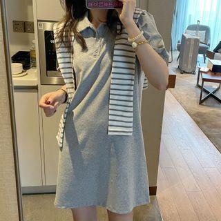 Short-sleeve Stripe Shawl Collar Polo Dress