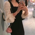 Square-neck Contrast Puff-sleeve Midi Dress