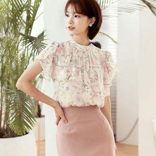 Petal-sleeve Ruffled Floral Blouse
