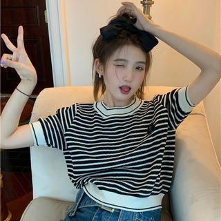 Short-sleeve Striped Knit Top White Stripes - Black - One Size