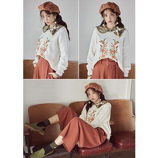 Flower-embroidered Distressed Cable Sweater