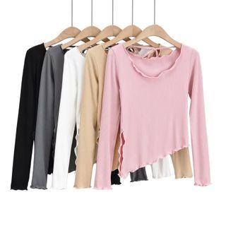 Long-sleeve Asymmetrical Lettuce Edge Cropped T-shirt