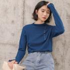 Long-sleeve Buttoned Mock Neck Knit Top