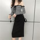 Striped Off-shoulder Top / Slit Midi Knit Skirt