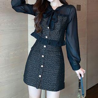 Set: Long-sleeve Tie-neck Frill Trim Crop Top + Mini Pencil Skirt
