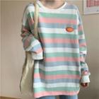 Patched Color-block Stripe Oversize Long-sleeve Top