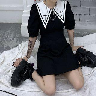 Puff-sleeve Collared Mini A-line Dress