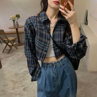 Plaid Crop Shirt Navy Blue - One Size