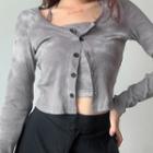 Set: Long-sleeve Buttoned Tie-dye Crop Top + Halter-neck Crop Top