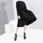 Hooded Ruffle Trim Long-sleeve T-shirt Dress Black - One Size