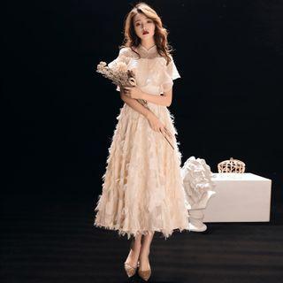 Short-sleeve Fringed A-line Evening Dress