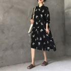 Floral Print Long-sleeve Tie-neck Dress Black - One Size