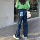 High Waist Contrast Pocket Loose Fit Jeans