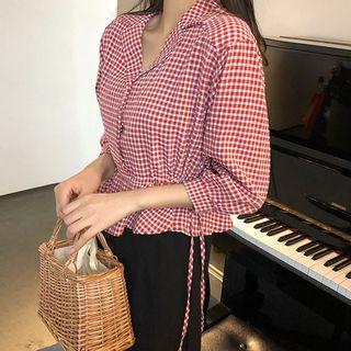 3/4-sleeve Plaid Shirt Red - One Size