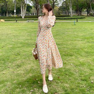 Square-neck Lace Trim Button Up Floral A-line Dress