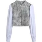 Long-sleeve Plaid Panel Button-up Blouse