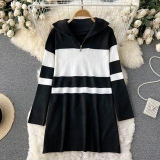 High-neck Zip Color Block Long-sleeve Knit Dress