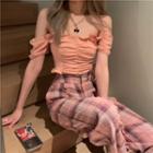 Off-shoulder Ruched Frill Trim Crop Top / Plaid Wide Leg Pants