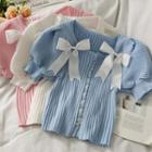 Ribbon-accent Puff-sleeve Button-up Crop Knit Top In 5 Colors