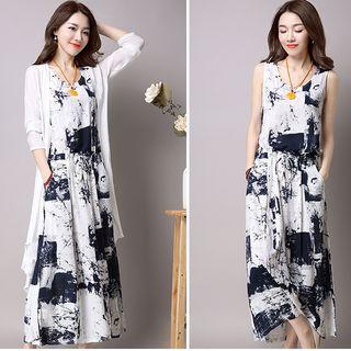 Set: Sleeveless Watercolor Print Midi Dress + Open-front Jacket