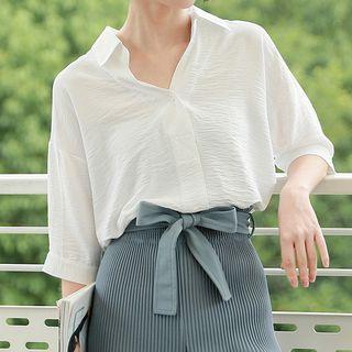 V-neck Elbow-sleeve Shirt White - One Size