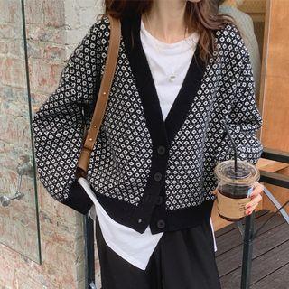 Long-sleeve Pattern Cardigan Black - One Size