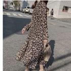 Long-sleeve Midi Leopard Print Chiffon Dress Leopard - One Size