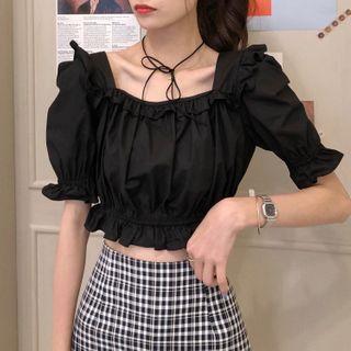 Short-sleeve Cropped Blouse / Plaid Mini Skirt
