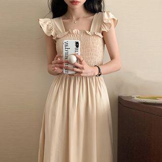 Sleeveless Shirred Frill Trim Midi A-line Dress
