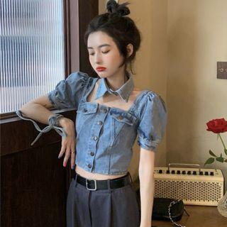 Short-sleeve Buttoned Denim Crop Top