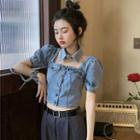 Short-sleeve Buttoned Denim Crop Top