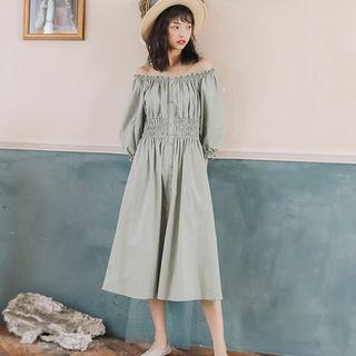 3/4-sleeve Ffrill Trim A-line Midi Dress
