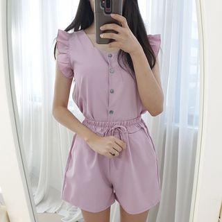 Petite Size Set: Sleeveless Frill-trim Blouse + Shorts