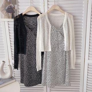 Set: Plain Cardigan + Spaghetti Strap Floral Mini Smock Dress