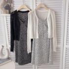 Set: Plain Cardigan + Spaghetti Strap Floral Mini Smock Dress